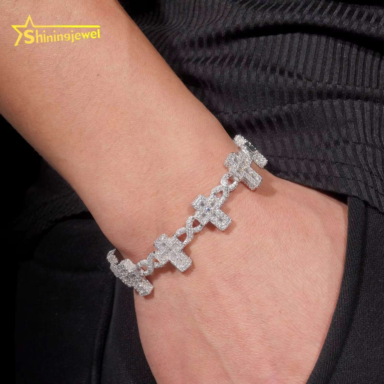 Luxury Bling Baguette Moissanite Cross Infinity Link Chain Sterling Silver 925 Iced Out Jewelry Moissanite Diamond Bracelet