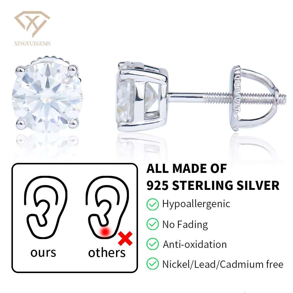 Fashion Jewelry 925 Silver Hypoallergenic Round Brilliant Cut Moissanite Cubic Zircon Gemstones 4-Claw Screw Stud Earrings