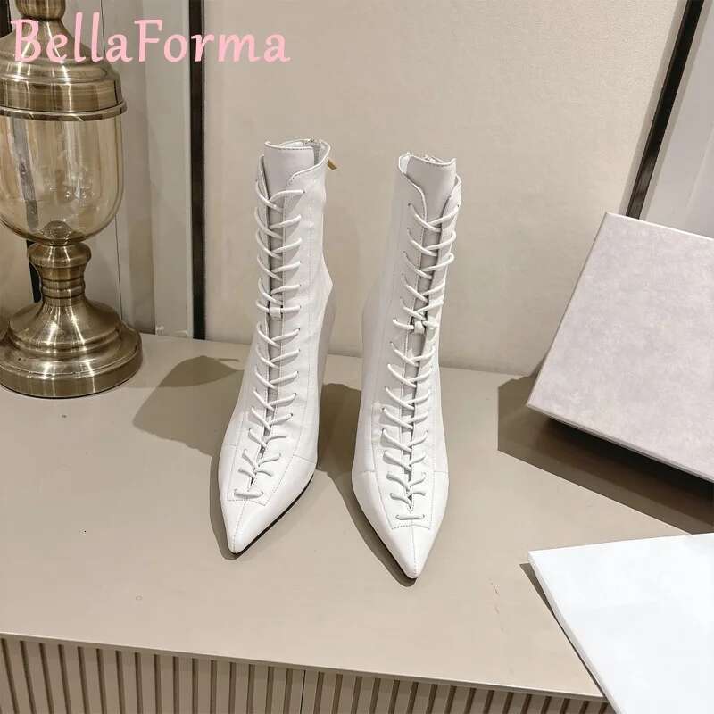 Women's Cross-Strap Pointed Fashion Simple Design Street Catwalk Mature Elegant Teardrop-Shaped Heel Zipper Short Boots