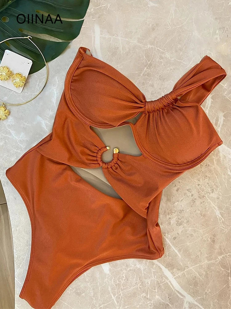OIINAA single shoulder swimsuit womens beachwear hollow pleated onepiece fashionable bikini 250409