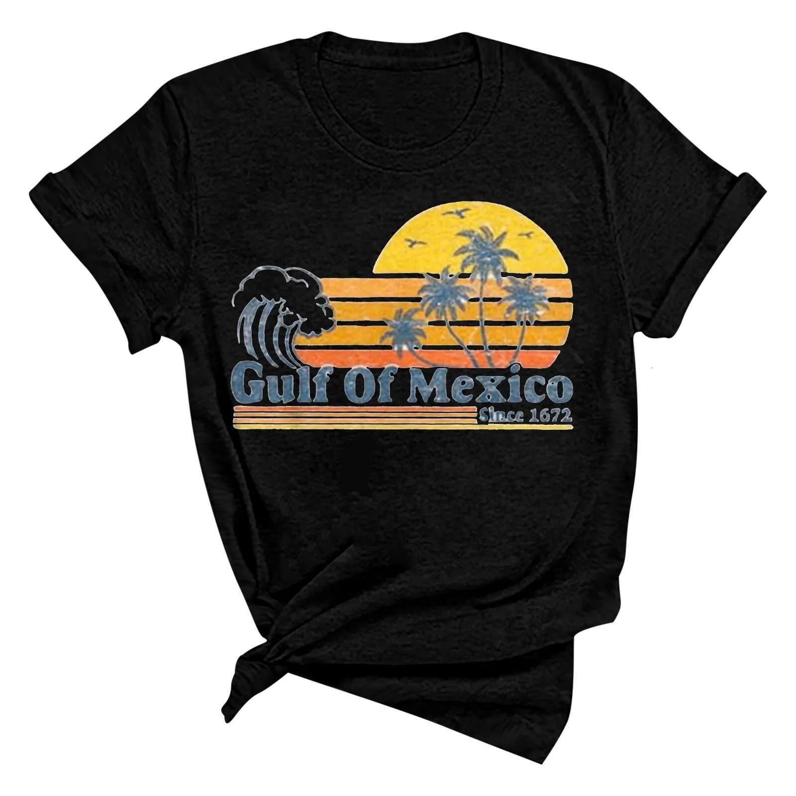 Dongdumaoyi Gulf Of Mexico Since T Shirt For Women S Letter Print Crew Neck Short Sleeve Tee Tops Female Shirt