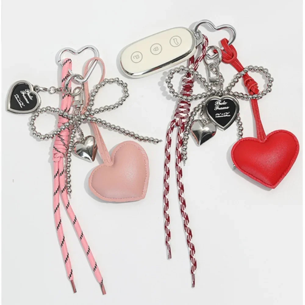 Smooth leather pearl bow key bead Y2k heartshaped backpack pendant Korean style bag charm wallet decoration 250408