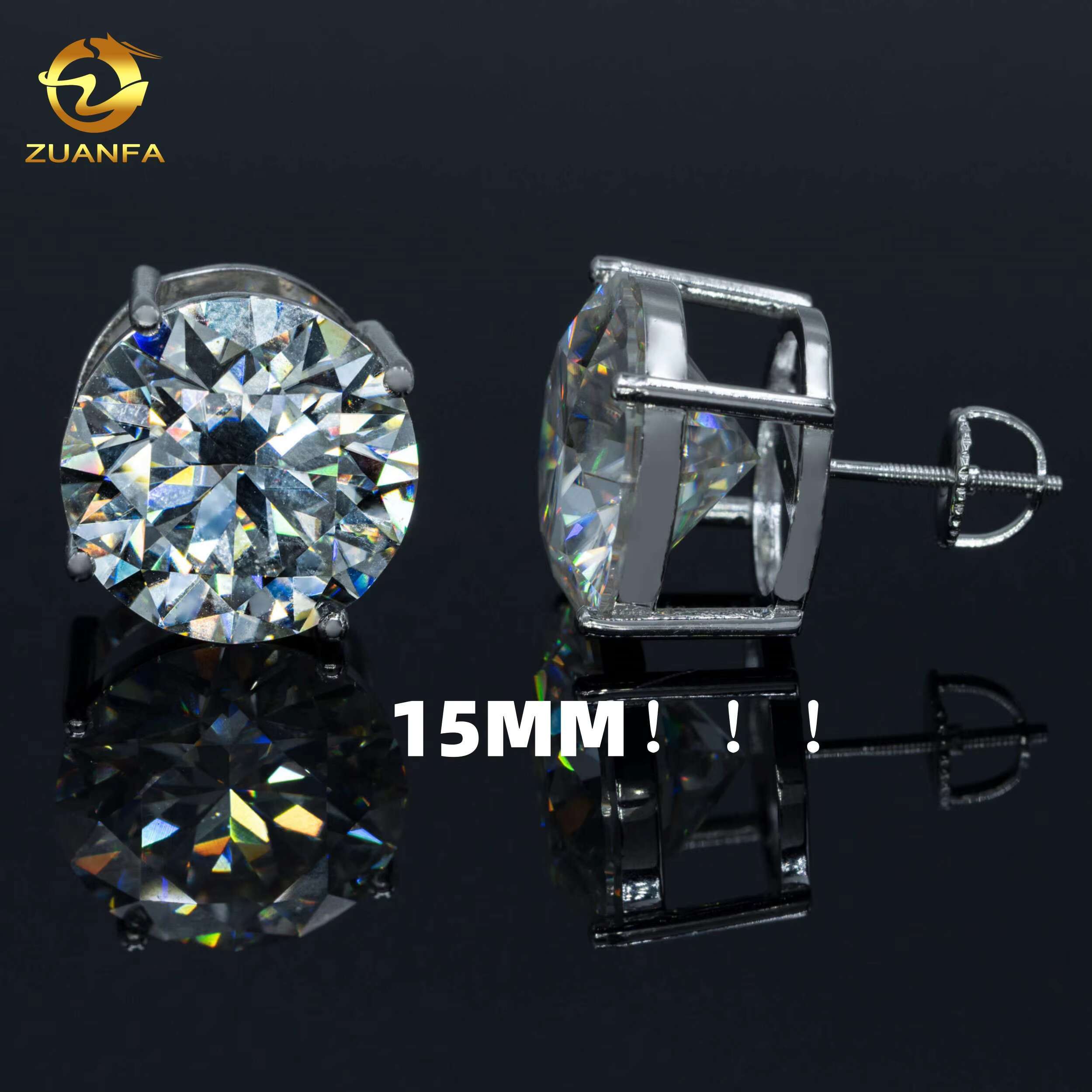 Zuanfa Fashion Moissanite Jewelry Big Size Stud Earrings 8mm 10mm 15mm 4 Claws Screw Back Round Moissanite Earrings 925 Silver