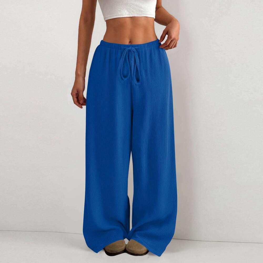 Amazon Cross-Border European And American New Style Women's Solid Color Loose Bark Wrinkle Draped Waist Drawstring Wide-Leg Casual Long Pants aef