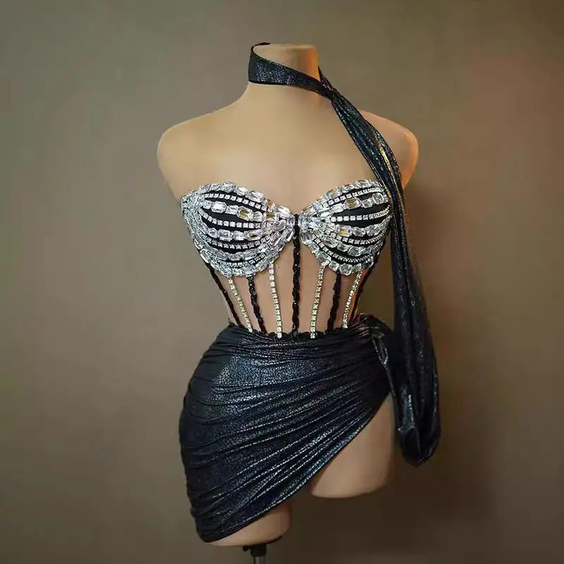 highend dress stylish and sexy top Rhinestone chain waist bodysuit bar nightclub performance costumes 250409