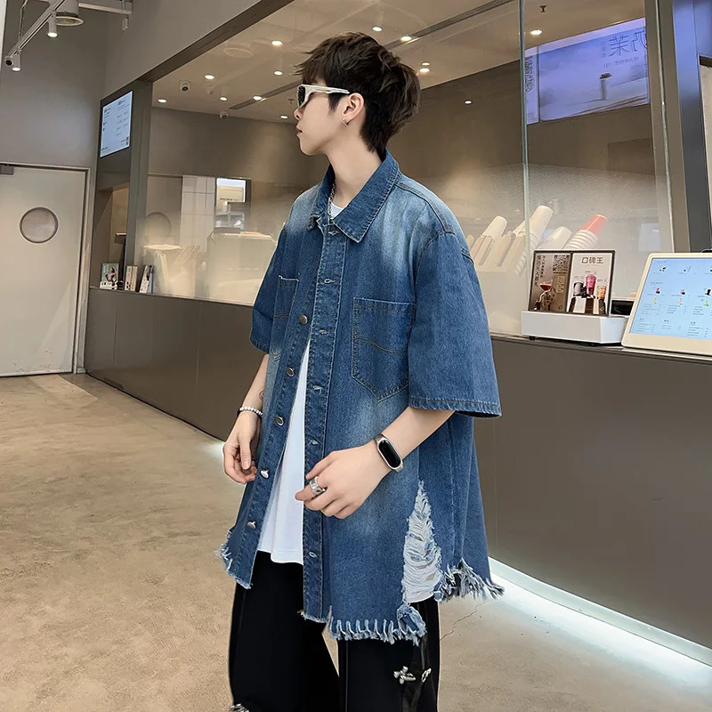 American retro denim short sleeved shirt suitable for summer thin niche shoulder pads versatile loose collage shirt 250408