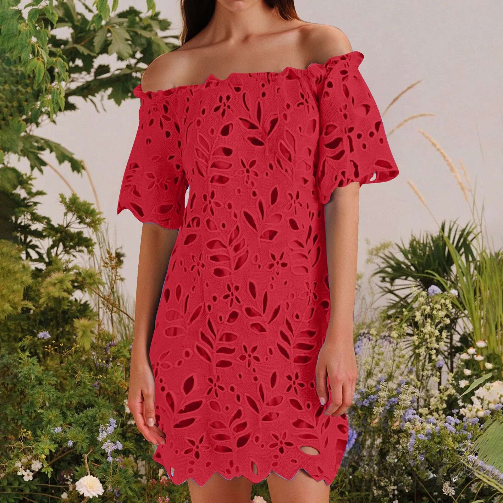 Dongdumaoyi Elegant Women Summer Solid Color Off Shoulder Dress Hollow Out Design Lace Decor See Through Slash Neck Short Sleeve Mini