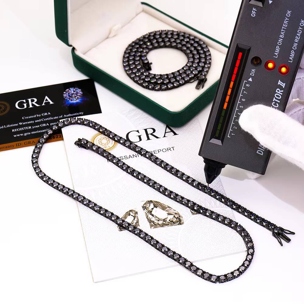 Custom Unisex Fine Jewelry 925 Sterling Silver Black Gold Plated Gra 4mm Grey Mossanite Moissanite Diamond Tennis Chain Necklace