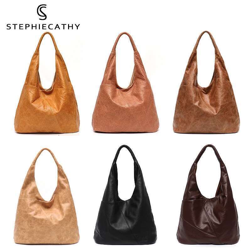 SC Single Handle Over Shoulder Hobo Bag Women Retro Leather Soft Multi Pockets Large Capacity Handbag Vintage Style Snap Button