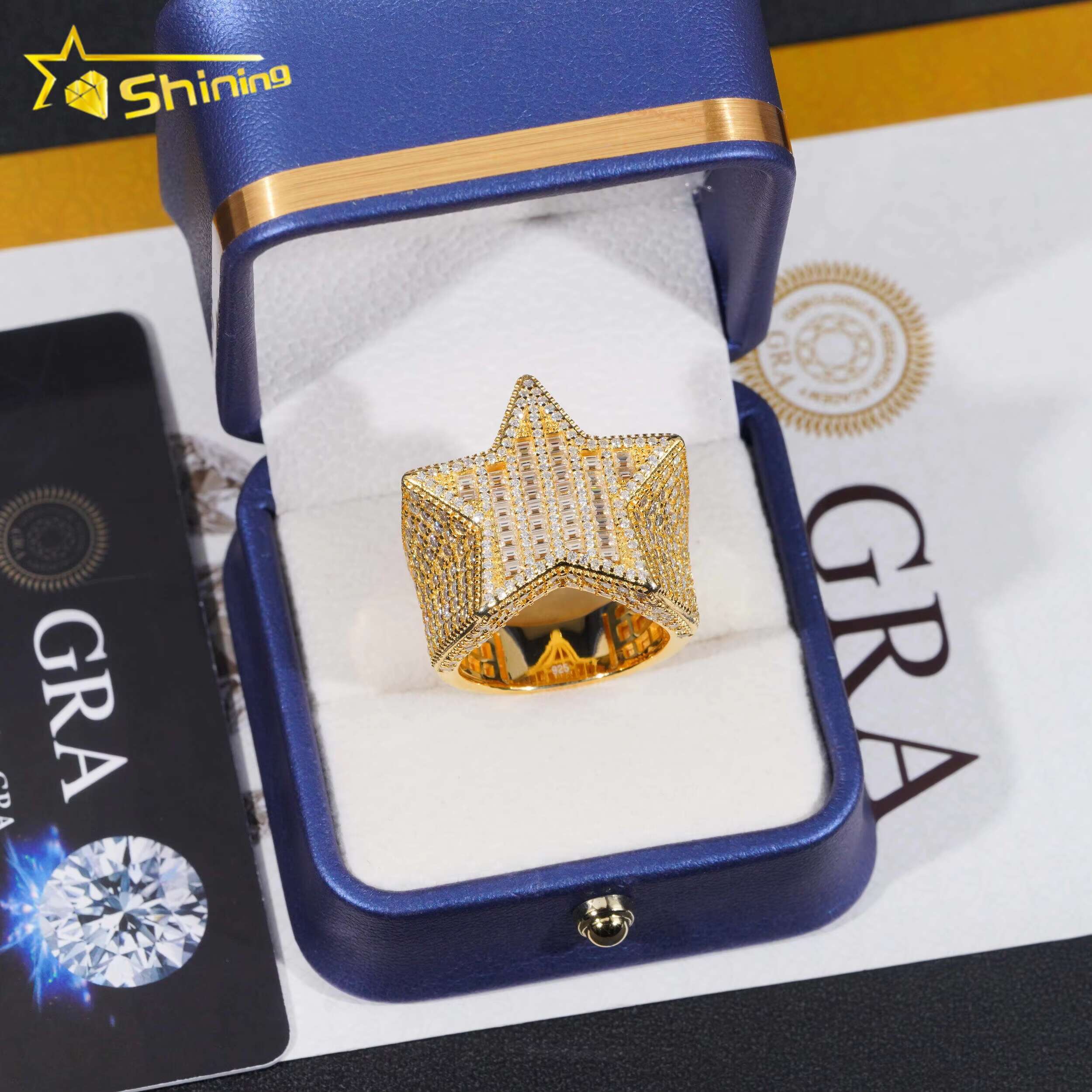 Fine Jewelry Luxury Design Baguette Diamond Hip Hop Star 925 Silver Iced Out Mens Moissanite Ring