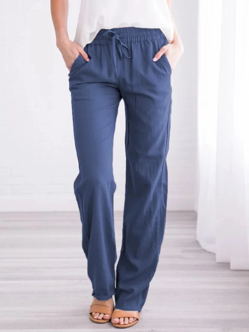 SpringSummer Womens European and American Solid Cotton Hemp Drawstring Loose Relaxed Wide Leg Pants 250409
