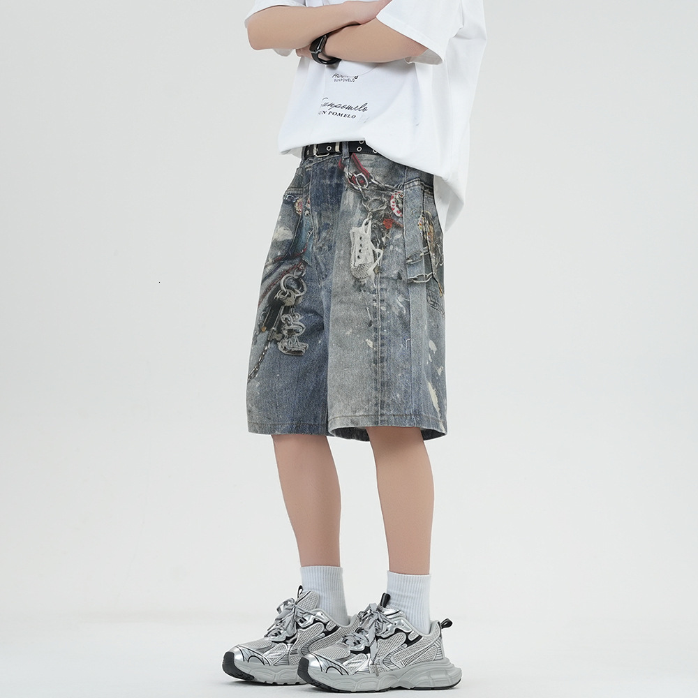 Shorts jeans straight version light color summer daily simple diamond loose and loose niche versatile one-fifth pants 250109