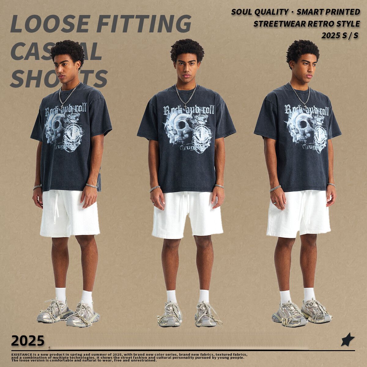 Chain Wear | 2025 New High Street Washed Loose Men's Short Sleeve Trendy Brand Personalized Rock Printed T-shirt