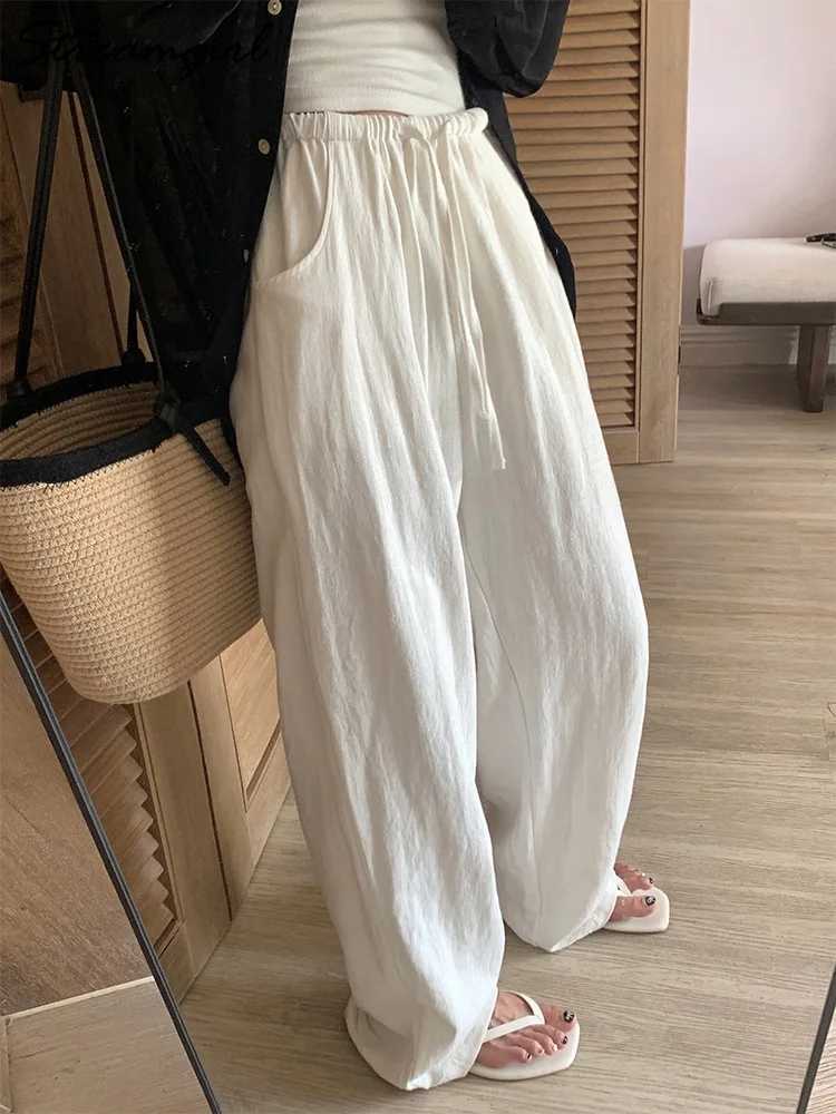White cotton linen pants for women with wide legs basic summer Trousers cotton thin high waisted loose straight womens pants summer 2025XJ250403