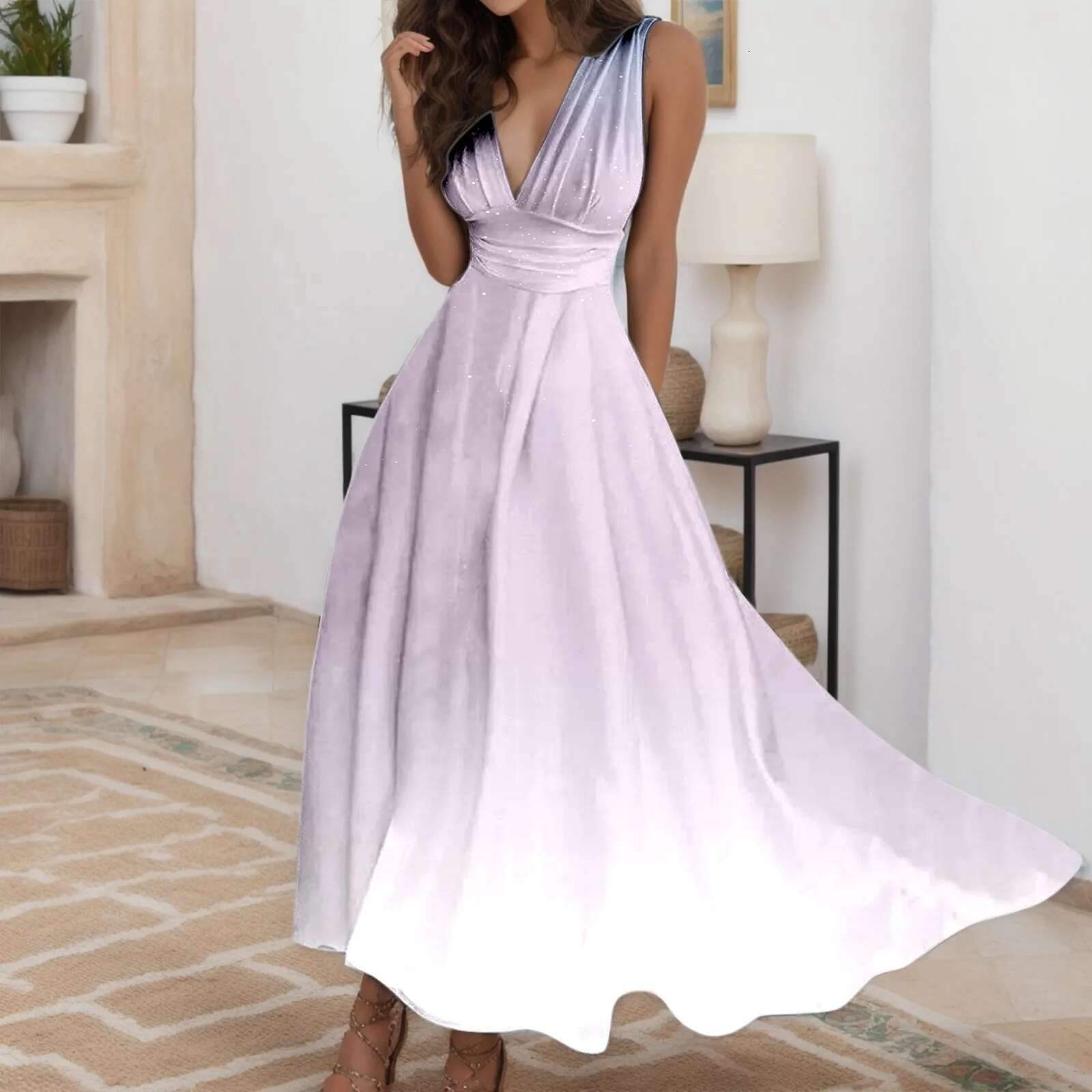 Dongdumaoyi Women Large Swing Gradient Color Long Dress Beach High Waist A Line Summer Deep V Neck Sleeveless Flowy Casual Maxi