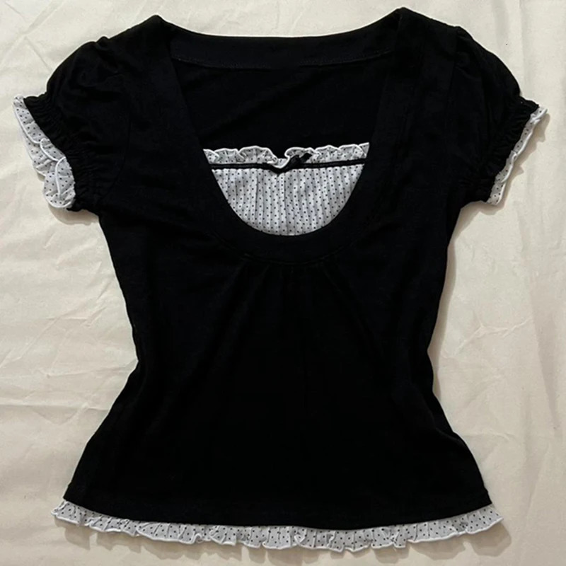 Korean Kawaii Patchwork Women T-shirt Y2K Aesthetic Vintage Milkmaid Top Fairycore Grunge Square Collar Short Sleeve Crop Top 250409