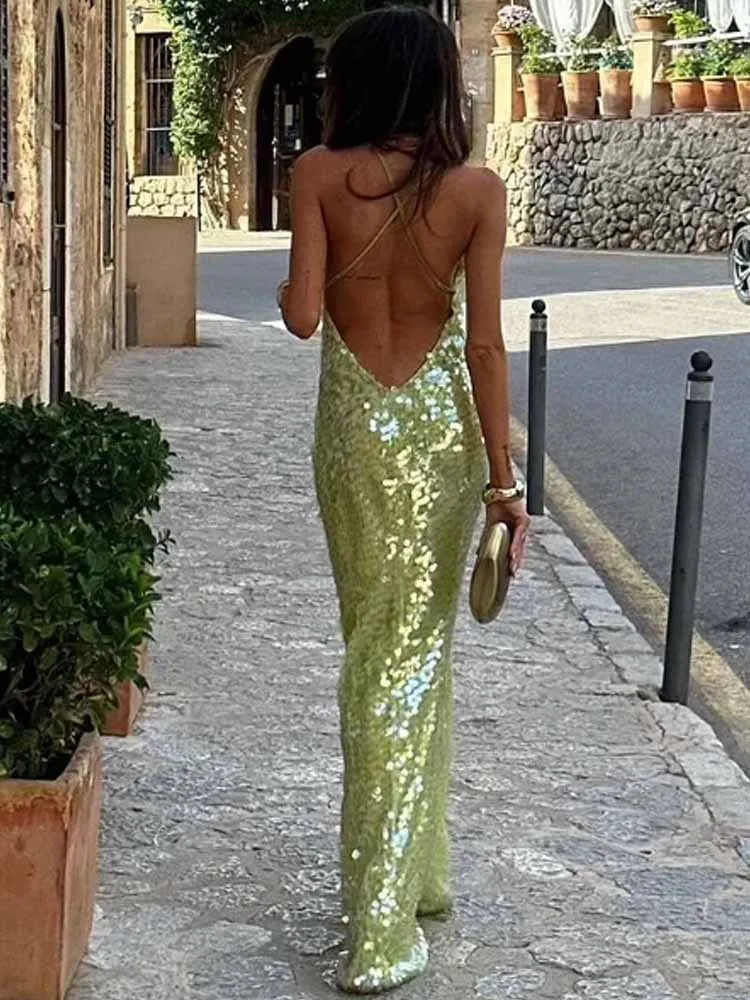 BKQU sequins sexy backless long dress womens cross suspender fashion Uneck ultrathin sparkling evening summer beach 250409