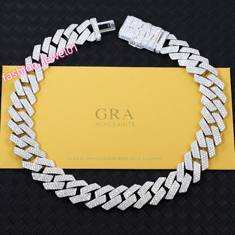 Hip Hop Jewelry 20mm 3 Rows Diamond Cuban Link Necklace for Men Sterling Silver Gold Miami Cuban Iced Out Cuban Link Chain