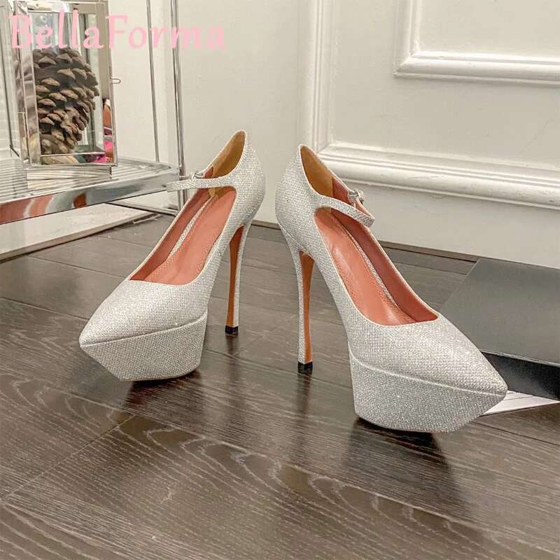 Super Waterproof Platform Women's High Heels Banquet Dress Sexy Catwalk Sheepskin Sequins Satin Matte Pointed Toe Stilettos