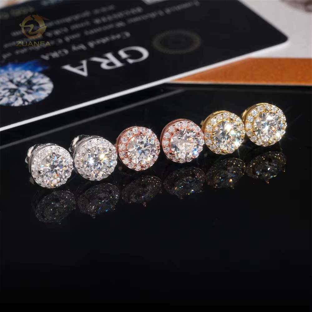 Fine Jewelry Halo 1ct Center Diamond Pass Test 925 Sterling Silver Moissanite Men Hip Hop Earrings