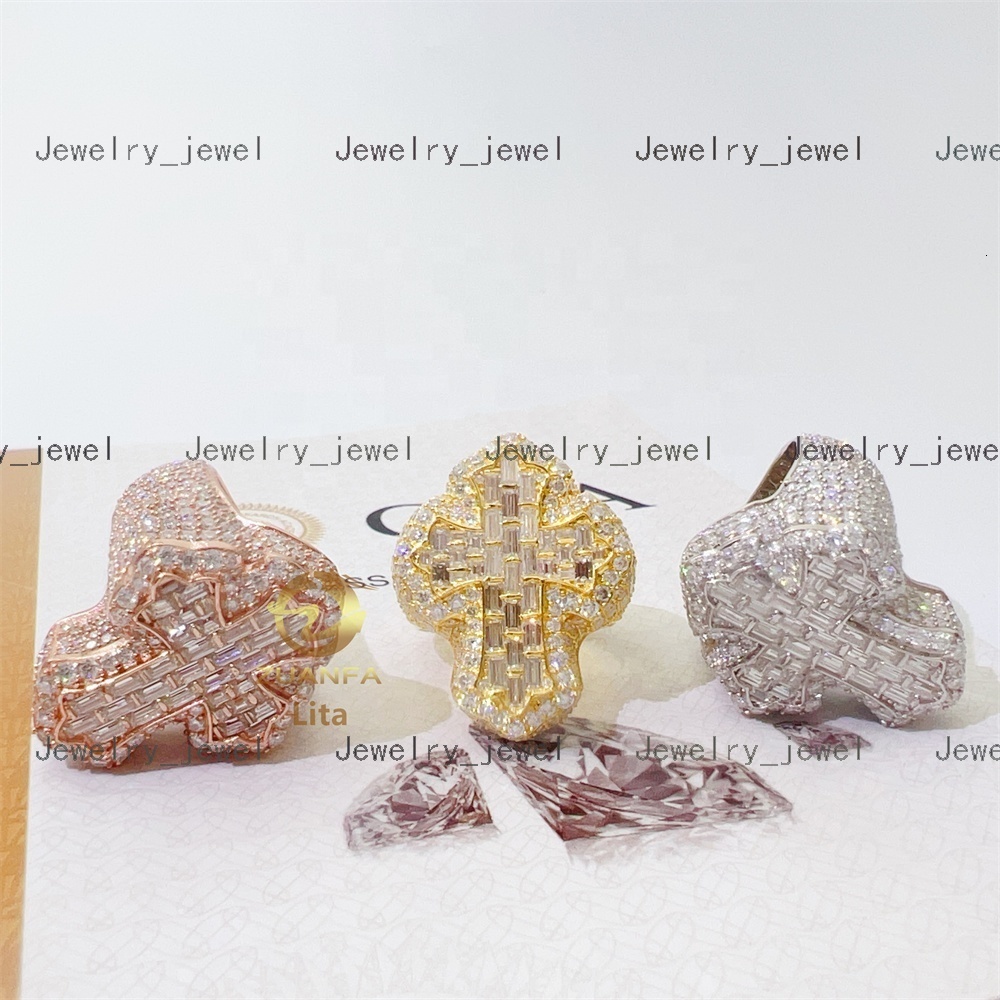 New Arrival Hip Hop Cross Style 925 Sterling Silver Iced Out Vvs baguette Diamond Custom Moissanite Rings