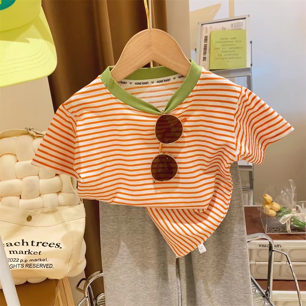 Ddmyshoesvip Girls Summer Short New Pure Cotton Striped Round Neck Casual T Shirt Baby Thin Half Sleeved Base Shirt Trend