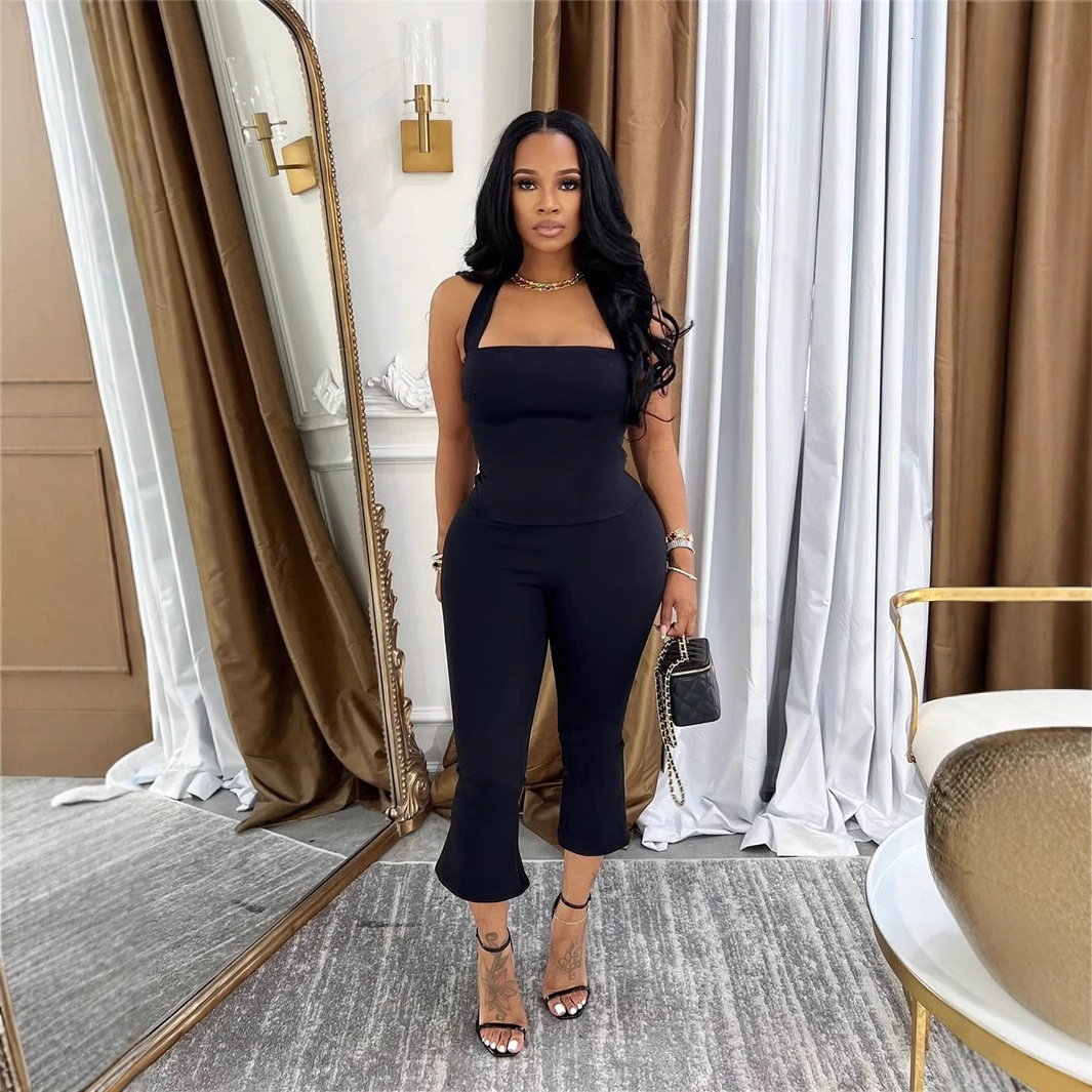 2025S Designer Women S Set Summer Solid Color Neck Straightening Sleeveless Strap Waist Tight Pants Set For Women