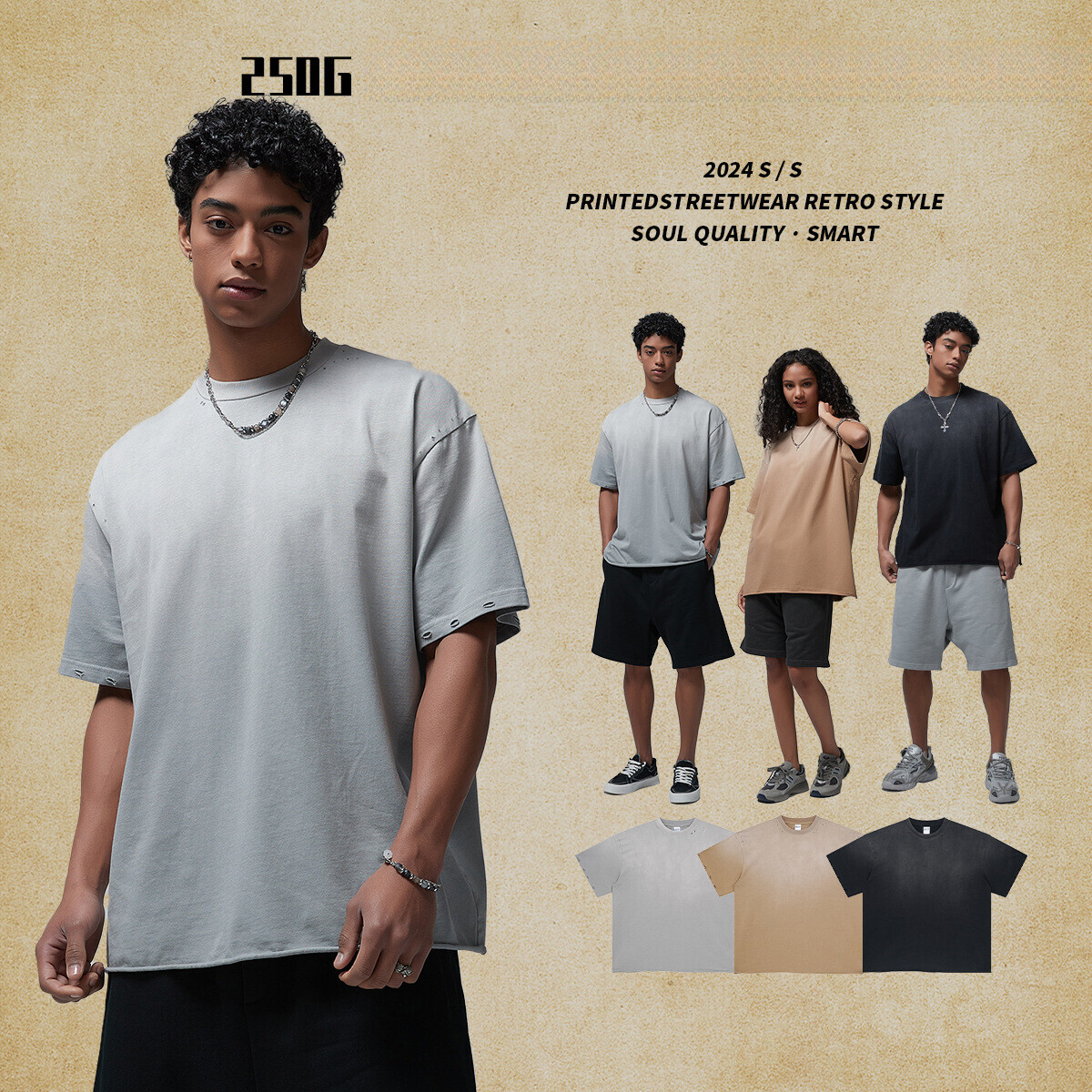2025 Spring/Summer New Product, Niche Trendy Brand, Spray Dyeing, Cutting, Destruction, Washing, Doing Old, Men's Short sleeved T-shirt