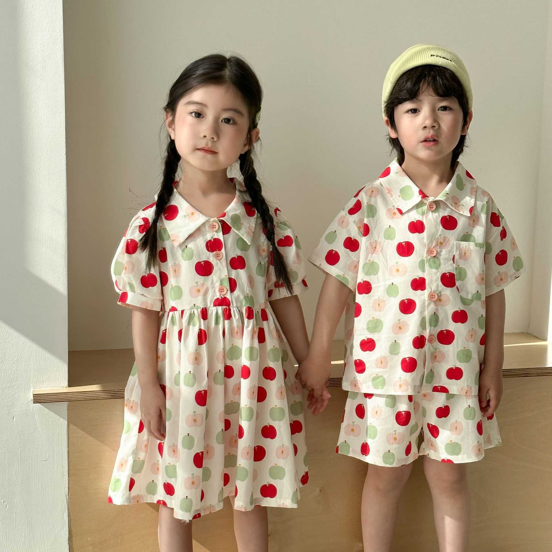 Childrens summer shirt set stylish pure cotton boys 2025 new style baby girls short sleeved dress siblings outfit S2548