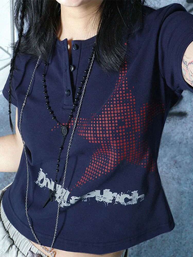 Haruku Crop Top Japanese Style Star Pattern Round Neck Short Sleeve T Shirts Graphic Tee y2k Women Clothes Streetwear