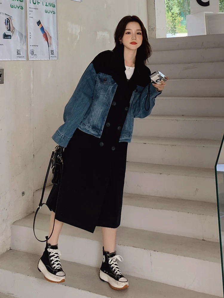 Trench Coat Womens Spring Autumn Large Windproof Machine Fashion Splicing Cowboy Long Student Casual Saco 250409