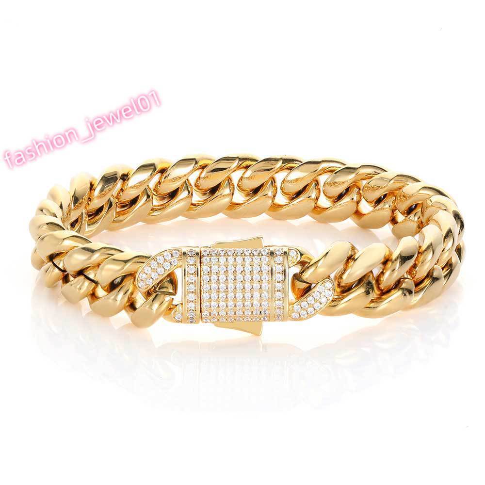 Mens Stainless Steel Cuban Chain Bracelet with Zircon 10mm 12mm Spring Buckle Grinding Encrypted Titanium Diamond Main Stone