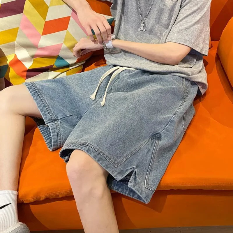 Mens Casual Side Seam Denim Shorts Summer Street Fashion Bag Jorts Harajuku Hip Hop Y2K Blue 250409