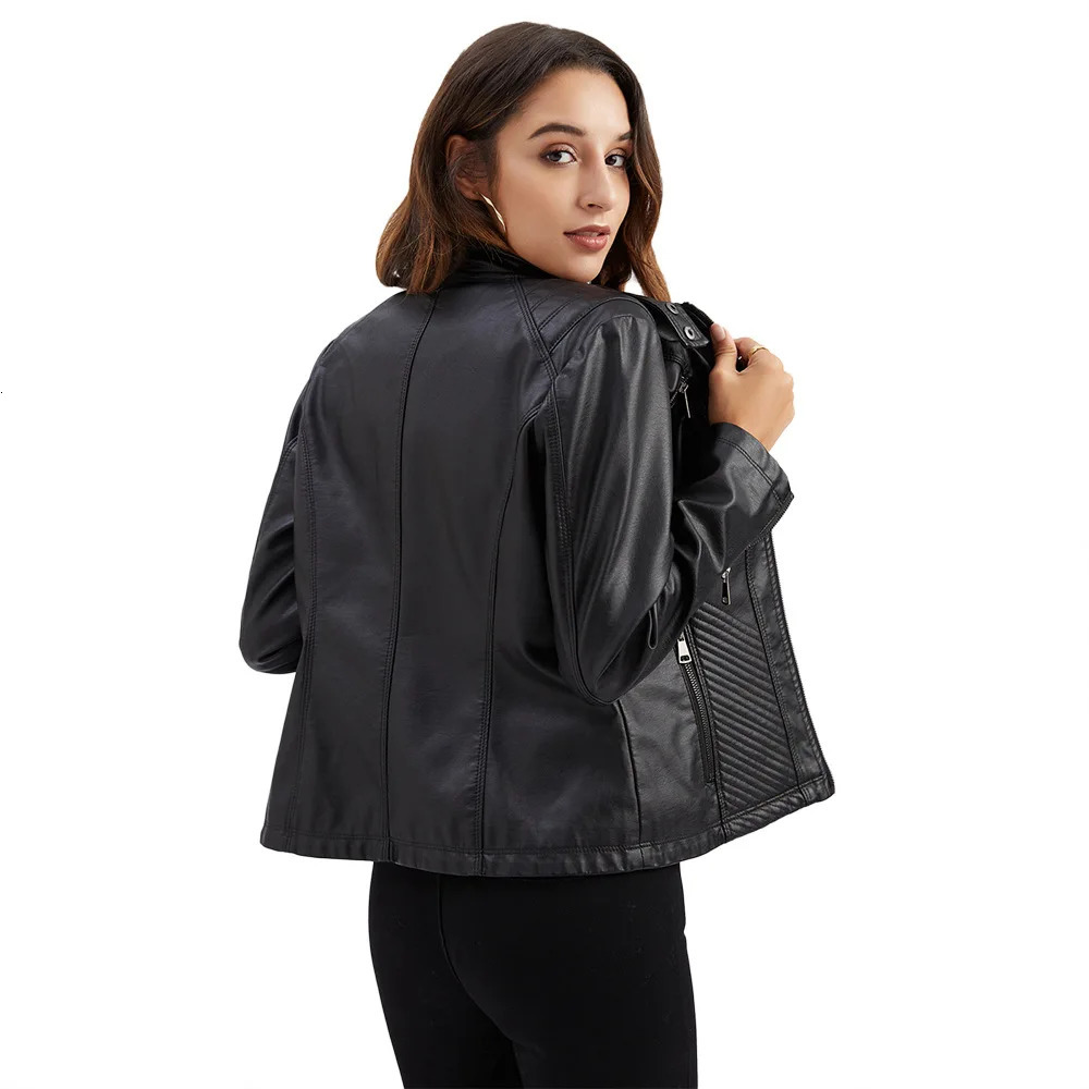 Leather jacket womens autumn spring motorcycle zipper red and black almond coffee S3XL 250409
