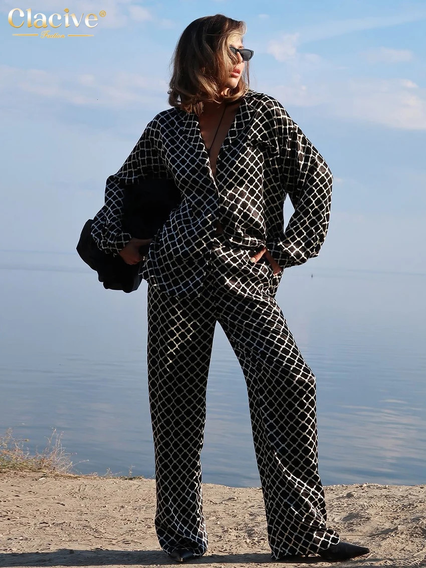 Clacive Fashion loose print womens twopiece set elegant long sleeved shirt high waist wide pants 250409