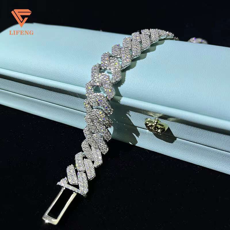 Lifeng Jewelry Custom Name Cuban Link Chain Bracelet Ice 14MM 2rows VVS Moissanite Silver White Gold Plated Cuban Chain