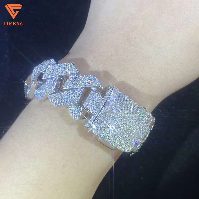 Lifeng Jewelry 20mm 4rows VVS Moissanite Cuban Link Chain Bracelet Sterling SIlver Diamond Hiphop Moissanite Cuban Chain for Men
