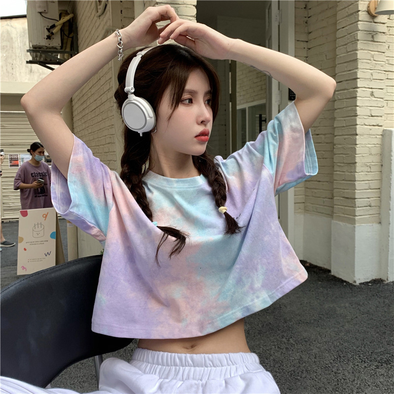 2025S Designer Women S T Shirt Tie Dyed Sleeved T Shirt Women S Summer New Design With Exposed Navel Short Style Spicy Girl Trendy Clothes For Student