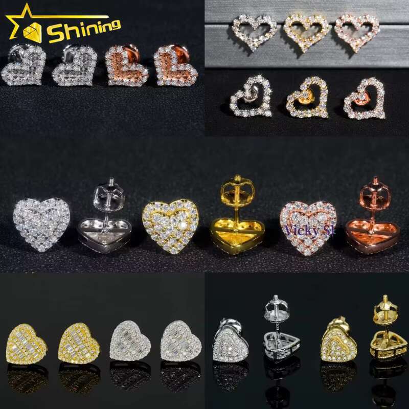 Factory Price Fine Women Heart Shape Earrings S925 Silver Gold Plated Screw Back Moissanite Stud Earrings