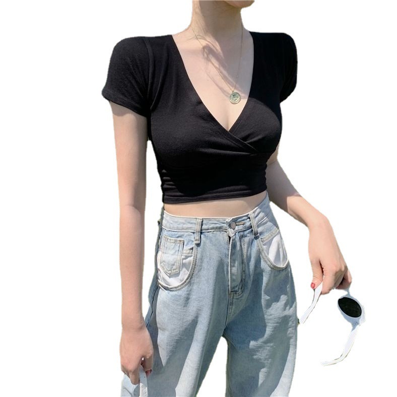 2025S Designer Women S T Shirt Short Sleeved T Shirt For Women In The Summer Of New Deep V Neck Low Cut Korean Version Slim Fit With Exposed Navel Sho
