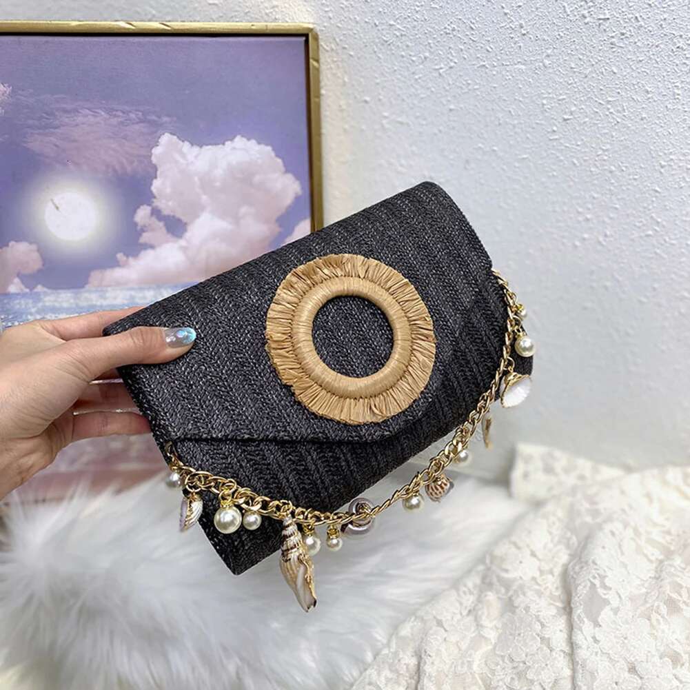 Women Elegant Straw Handbag Large Capacity All-Match Shell Clutch Stylish Knit Evening Travel Shopping Commute Bag