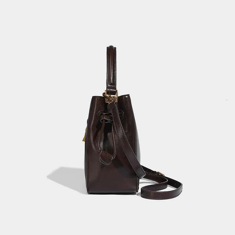 Meet You Women Vintage Buckle Drawstring Bucket Simple PU Material Small Handbag Solid Color OL Daily Commuter Crossbody Bag
