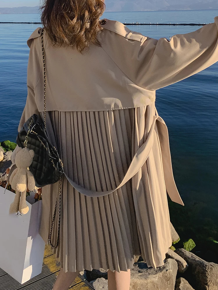 Womens khaki back pleated plus size elegant trench lapel long sleeved windproof fashion trend spring and autumn 1DH9716 250409
