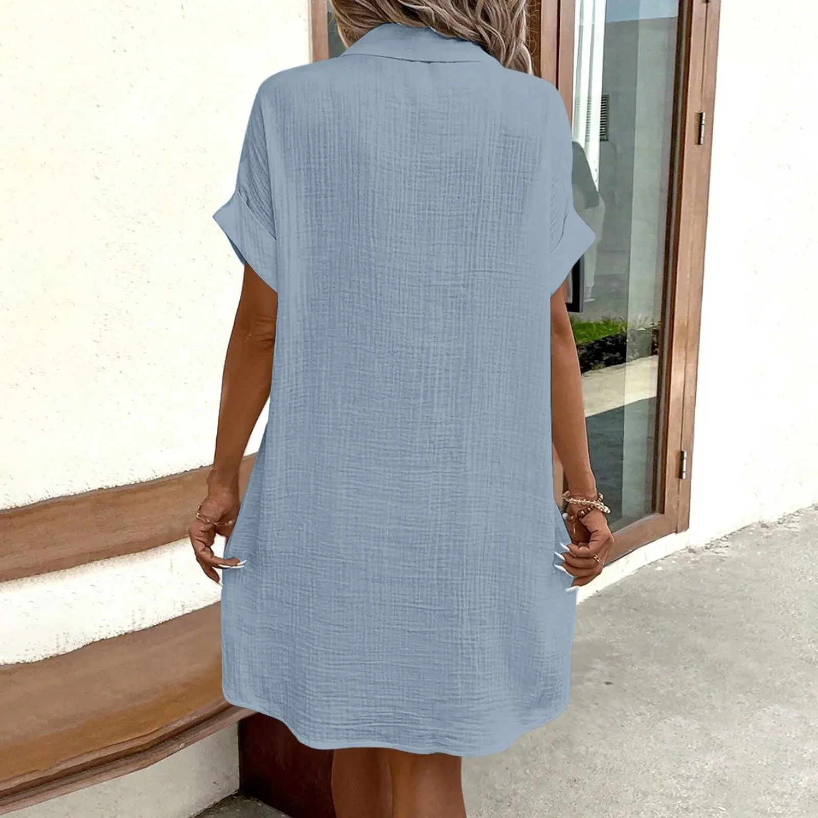 Womens Fashion Summer Minimalist Vneck Button Dress Cotton Flax White Short Sleeve Pocket Casual Loose Shirt 250409