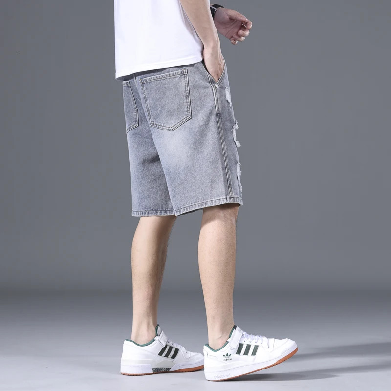 Vintage Ripped Denim Shorts Mens Fashion Loose Summer Shorts Y2k Hip-Hop Knee-length Hole Short Jeans Casual Mens Clothing 250407