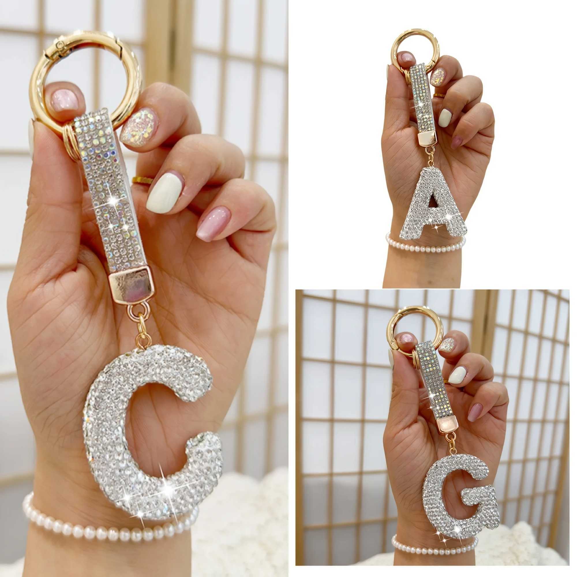 1 sparkling rhinestone letter keychain alloy circular letter charm with buckle decorative crystal pendant AccordXJ250409
