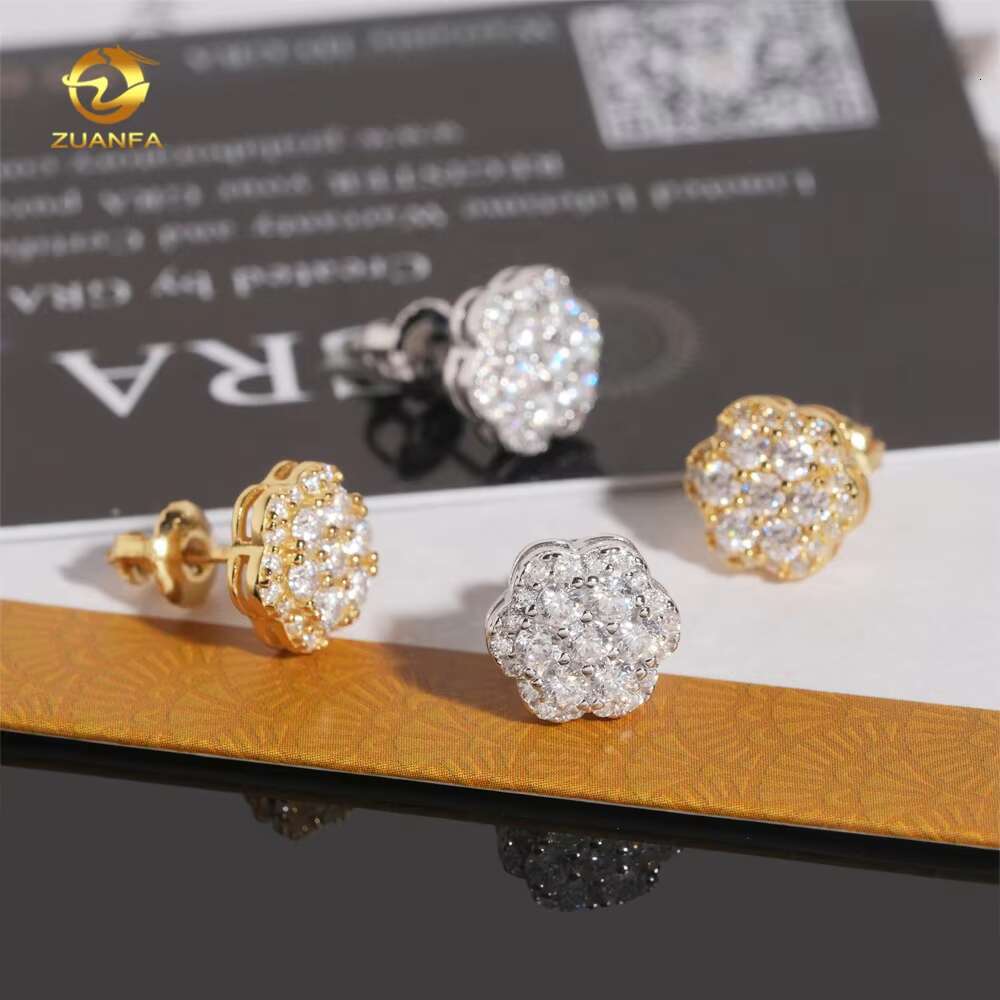 New Fashion Flower Shape Iced Out Hip Hop Moissanite Diamond Men 925 Silver Earrings