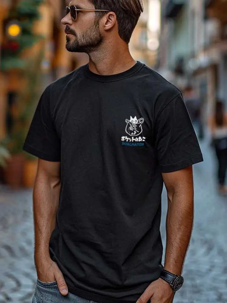 Hip hop T-shirt mens street clothing Japanese Hanzi funny cat print T-shirt 2024 Harajuku casual short sleeved T-shirt topXJ250409