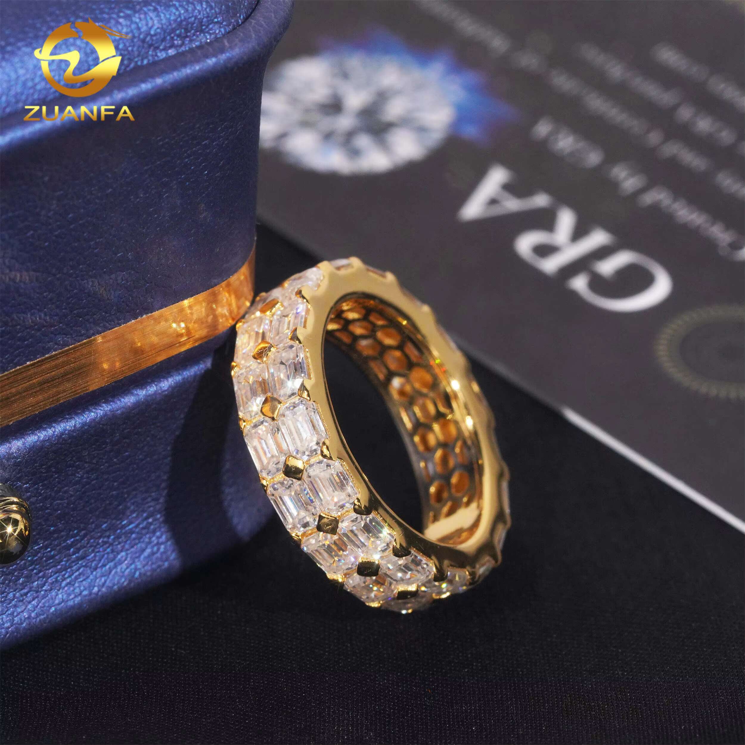 Hip Hop Ring Two Row Baguette Moissanite S925 Prong Setting Hip Hop Jewelry Rapper Ring Factory Price Iced Out Ring for Man