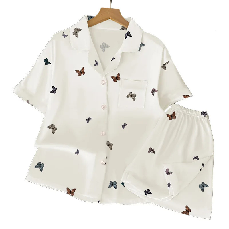 French highend butterfly ice silk sleepwear womens summer short sleeved cardigan twopiece set family wear real clothing 250409